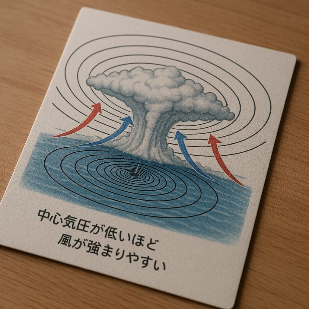 台風の断面図を印刷した用紙（中心気圧が低いほど風が強まりやすいと示す）