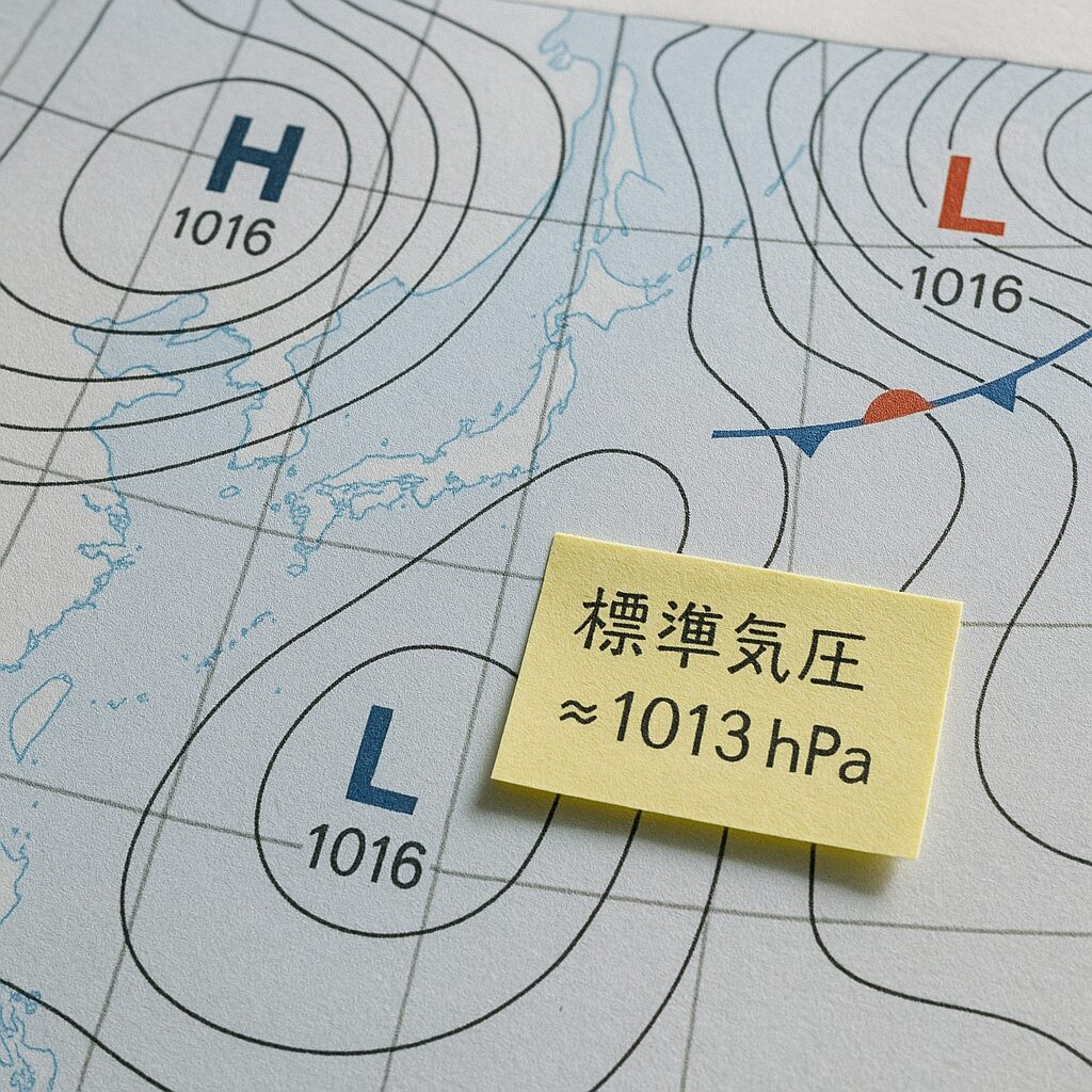 等圧線と高低気圧が示された天気図に「標準気圧≈1013hPa」のメモ