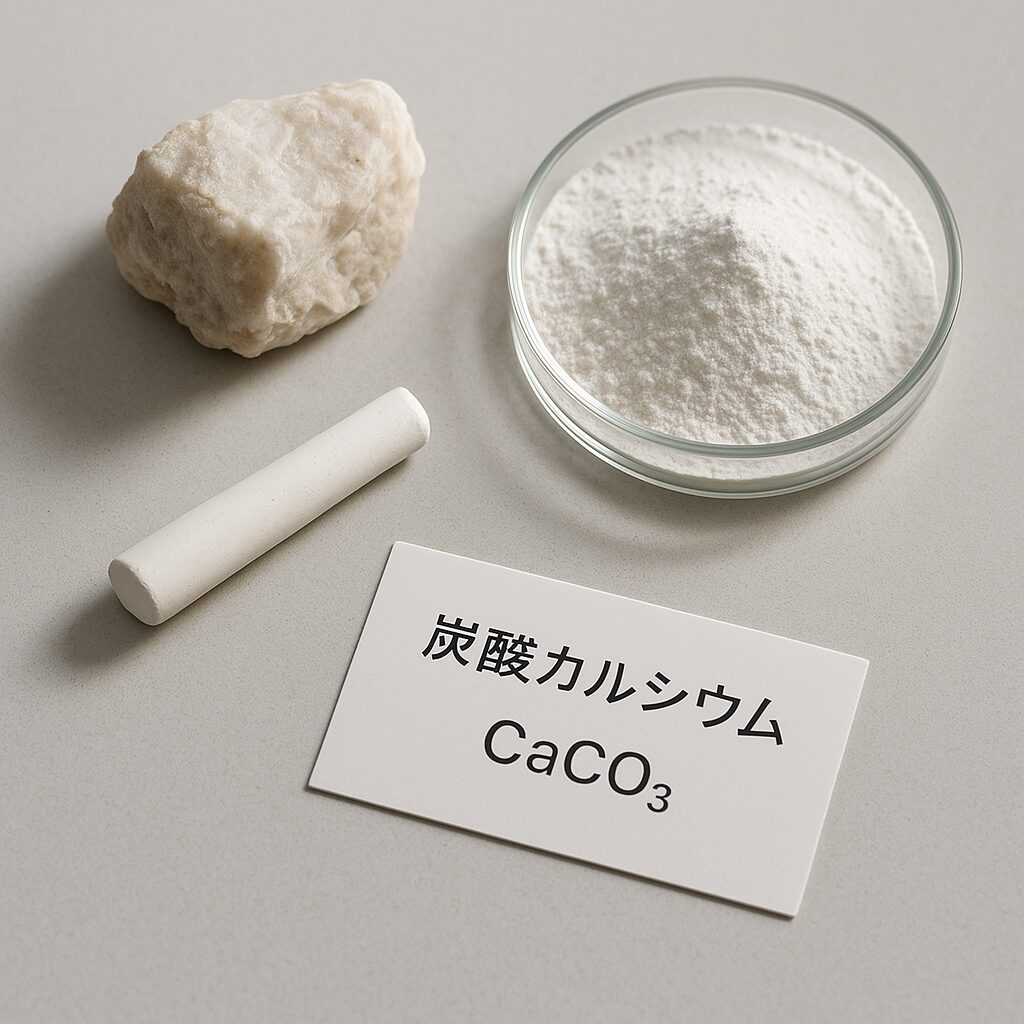 石灰石と白亜、CaCO₃粉末を並べた実験机と「炭酸カルシウム CaCO₃」のラベル
