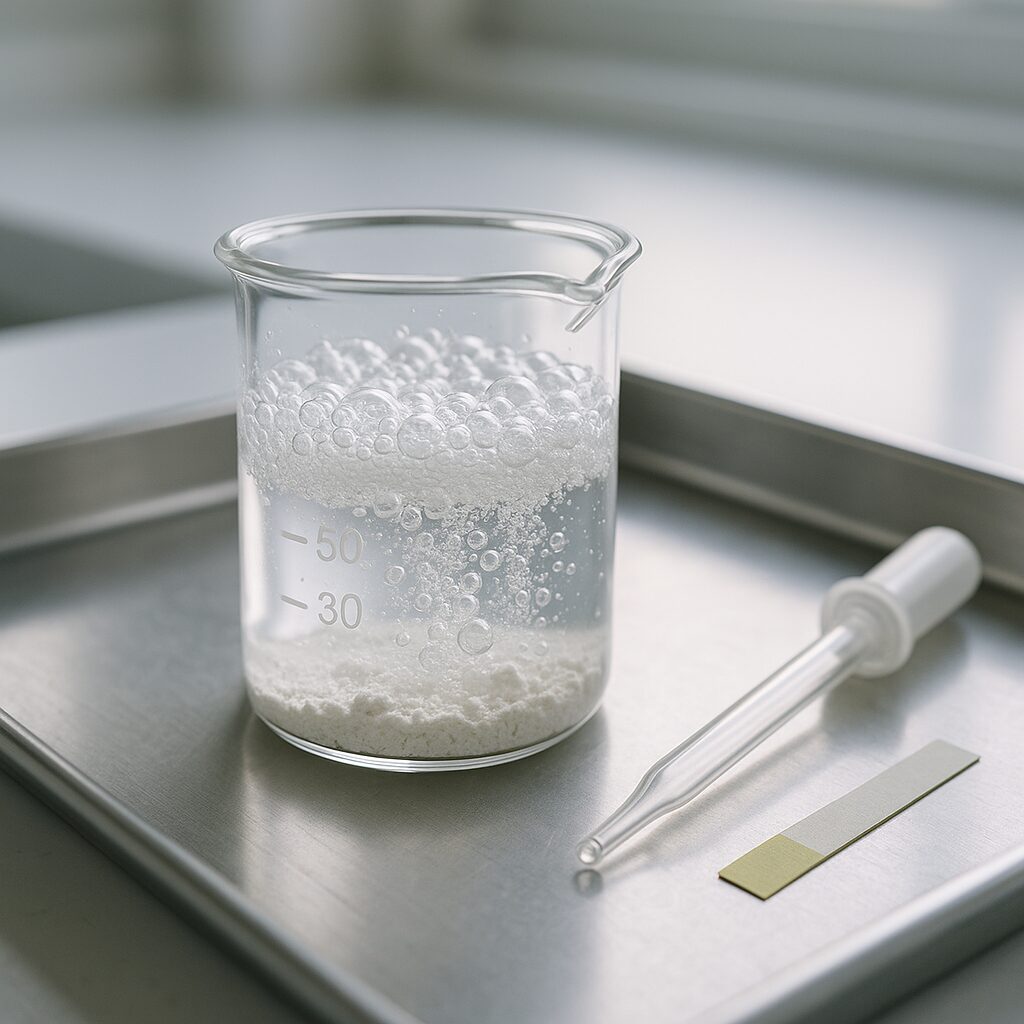 炭酸カルシウムに希塩酸を加えて二酸化炭素の泡が発生している様子(実験ビーカー)