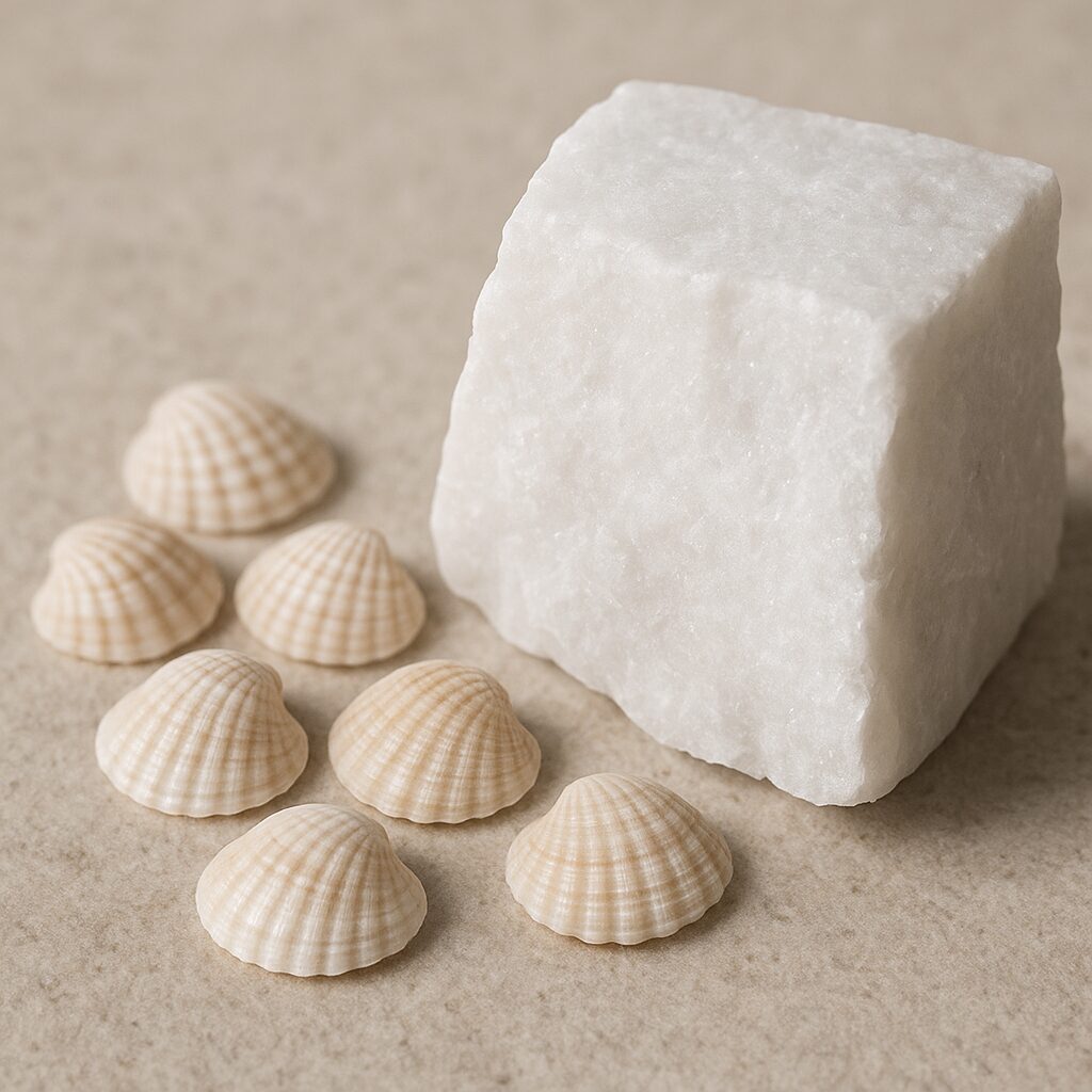 貝殻と大理石の断面を並べた自然界の炭酸カルシウムの例(質感の接写)