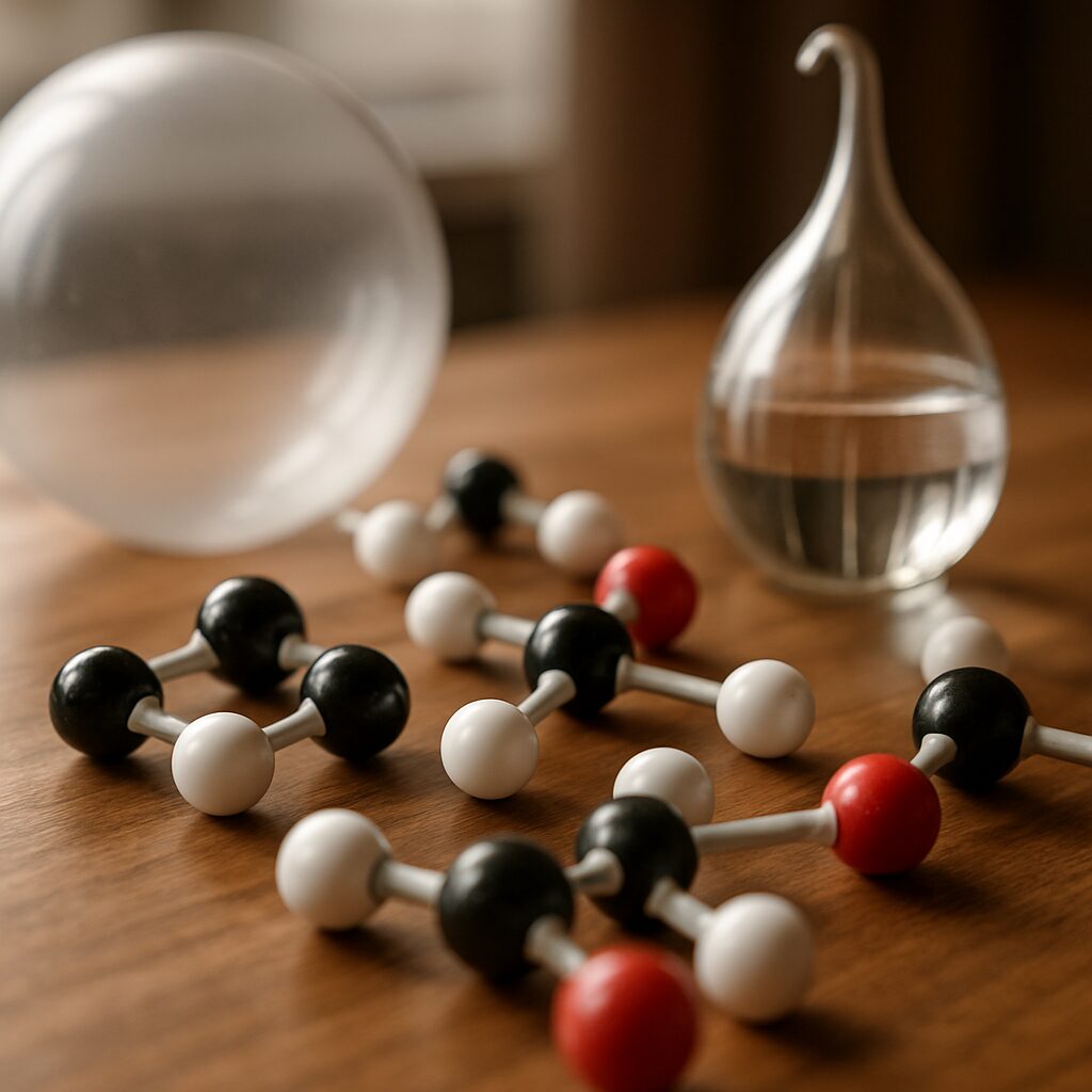 木製デスク上に置かれた分子モデルと風船、ガラス製気圧計の静物写真