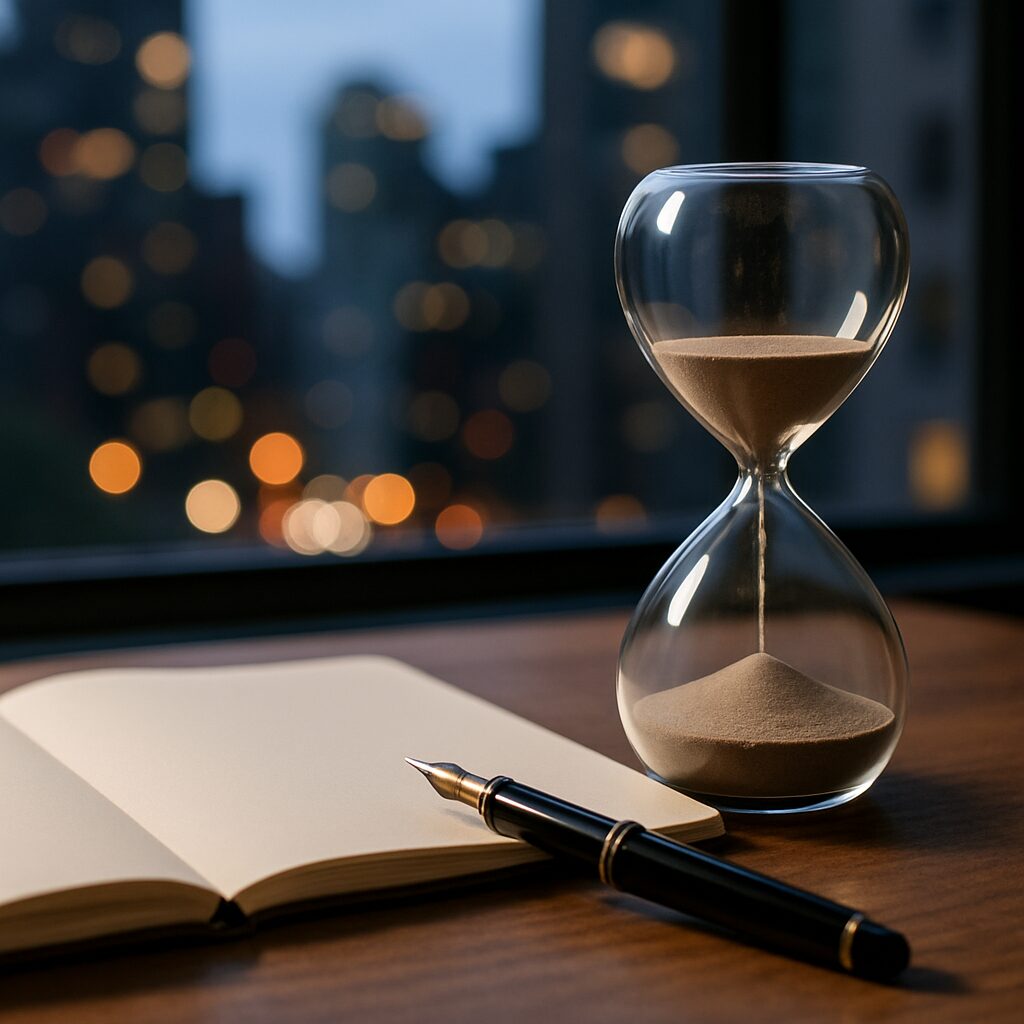 ノートと万年筆、砂時計を置いた机の静物写真（言葉を紡ぐイメージ）