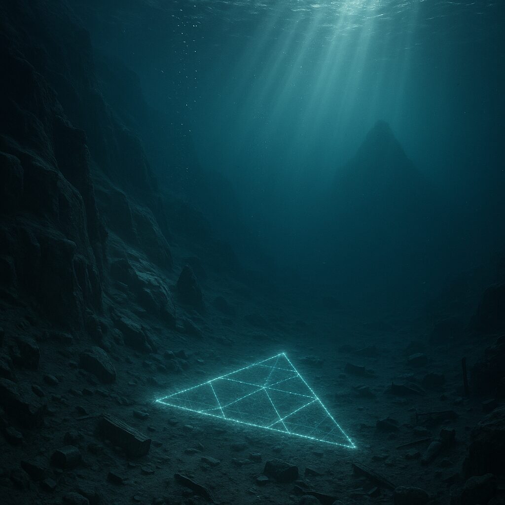 海底斜面の闇に青く光る三角模様が浮かぶ、バミューダ海域の神秘的な水中風景