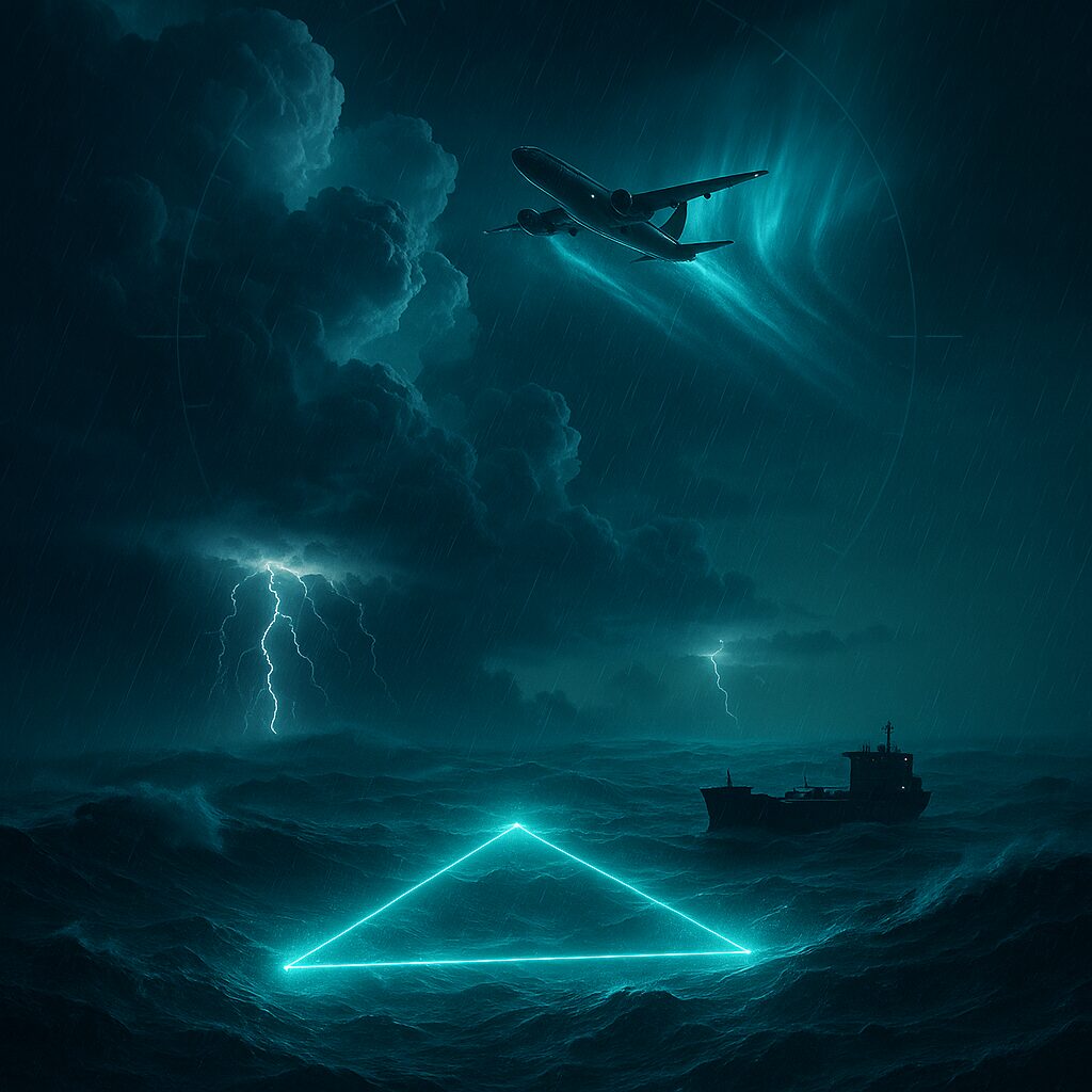荒れる北大西洋に発生した発光する三角のエネルギー場と、雷雨・高波・上空の旅客機をとらえた夜景