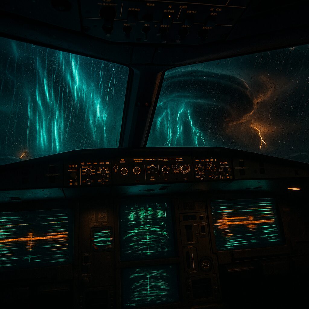 夜のコックピット越しに、オーロラ状の発光と嵐の壁が迫る不穏な光景