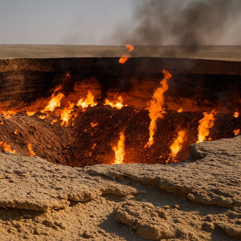 縁の焼結した砂と内壁の段々から立ち上がる炎を捉えたダルヴァザの近景