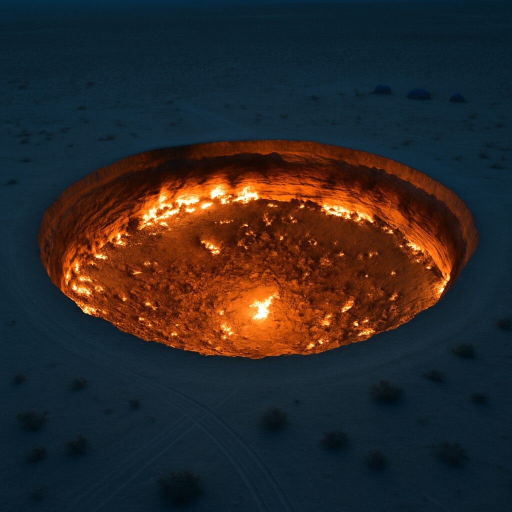 夕暮れのダルヴァザ・ガスクレーターを上空から俯瞰した姿（約70mの円形と周囲の砂漠地形）