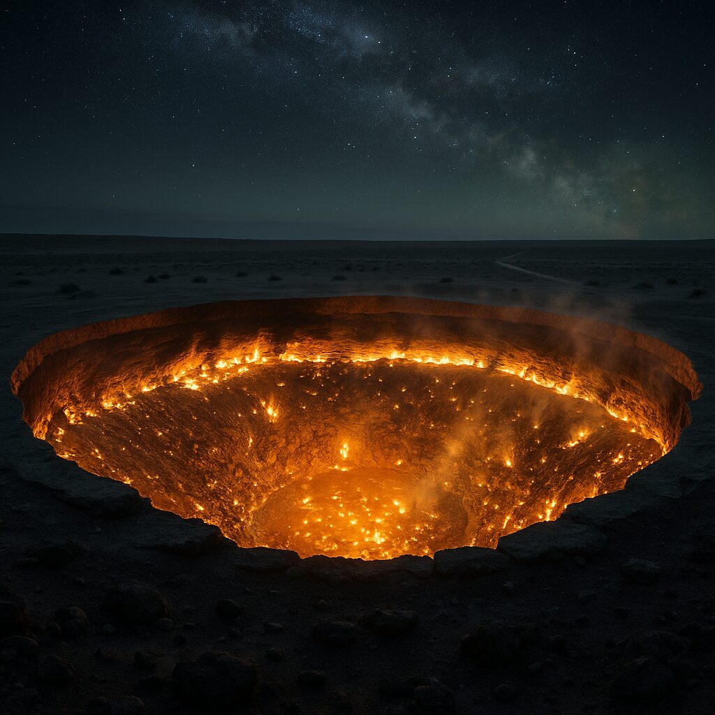 夜のカラクーム砂漠で赤く燃え続けるダルヴァザの大穴と、炎に揺らぐ熱気のゆらめき
