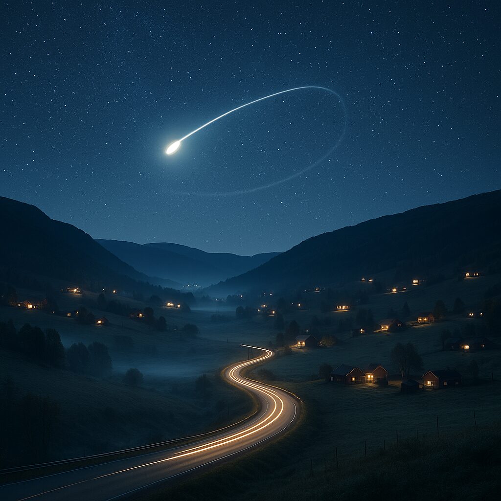 ヘスダーレンの夜景を長時間露光で捉えた全景と、緩やかな軌跡を描く発光