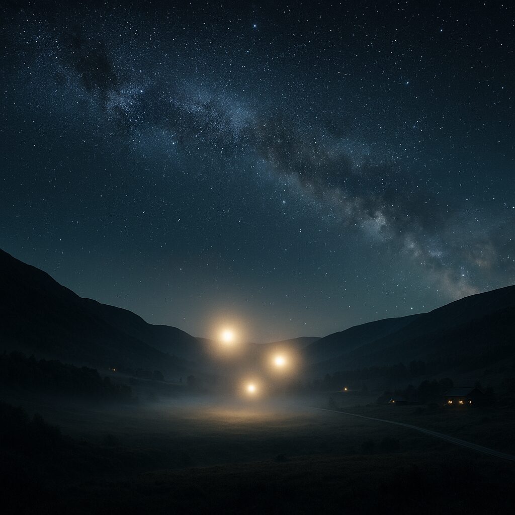 ヘスダーレン渓谷の夜空と、谷間にゆっくり漂う白黄色の光球
