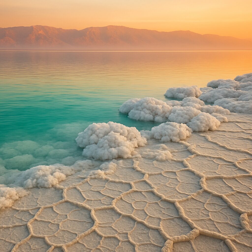 夜明けの死海の岸辺に広がる白い塩の結晶と翡翠色の水面、奥にモアブ山地の稜線