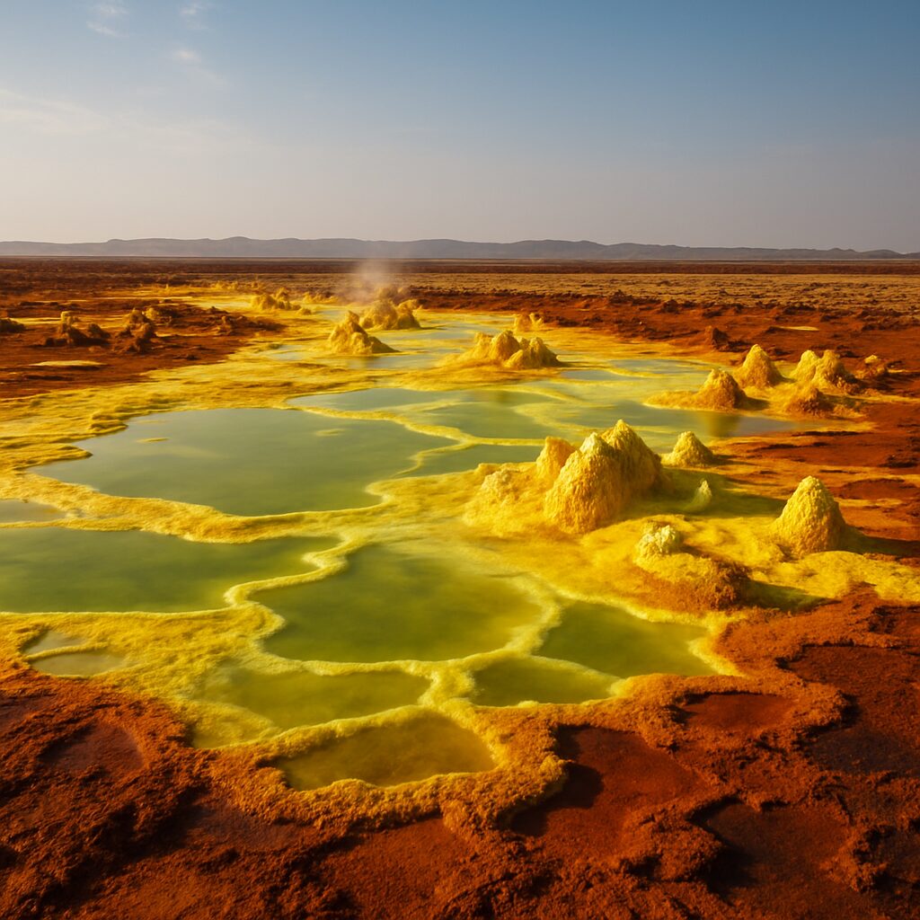 ダロルの硫黄黄・酸性緑・鉄錆色が混ざる熱水地形のワイドショット