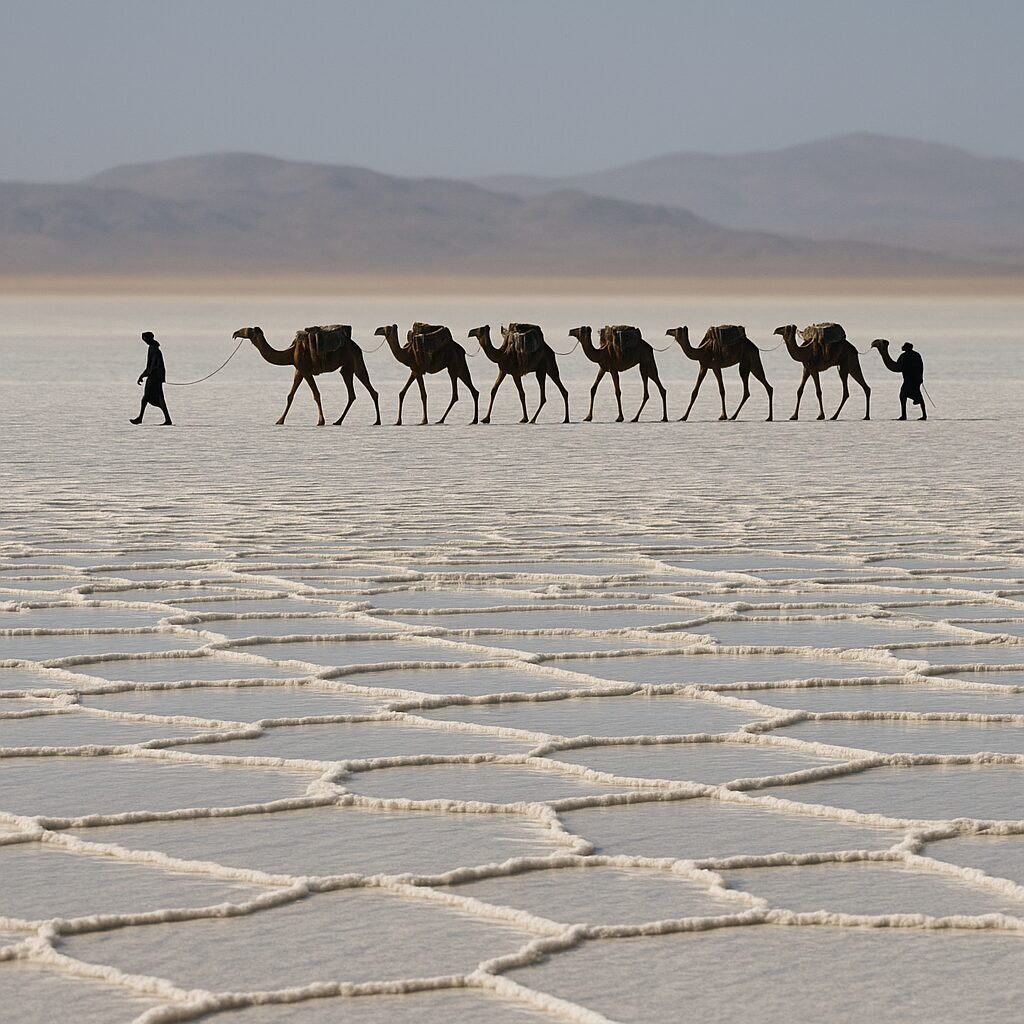 白い塩原を行くラクダの隊商と遠景の低い丘、ダナキル砂漠の実景