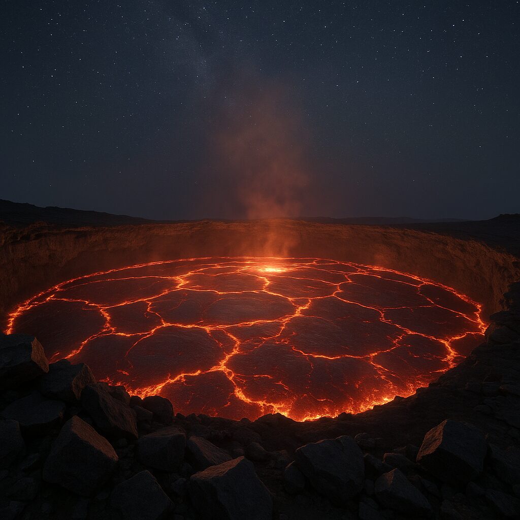 夜のエルタ・アレ火山で、火口縁から見下ろす溶岩湖と赤い亀裂
