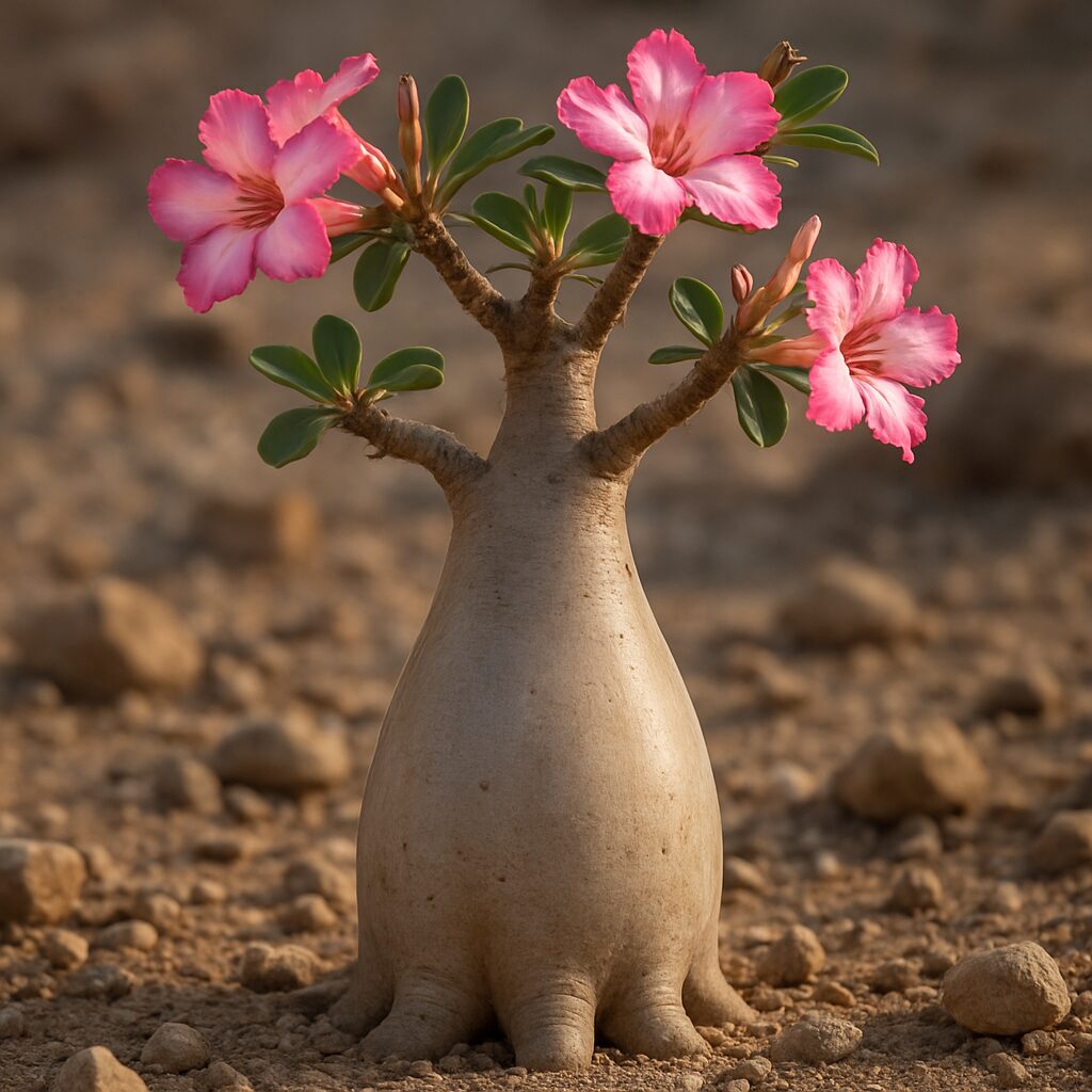 ソコトラ島固有のボトルツリー（アデニウム）の膨らんだ幹とピンクの花の近景