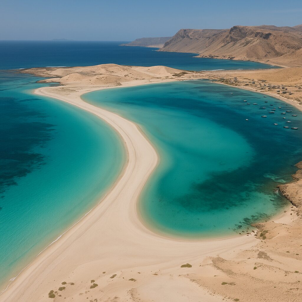 白い砂洲に囲まれたターコイズ色のデトワ潟を上空から見た風景（正確な海岸線）