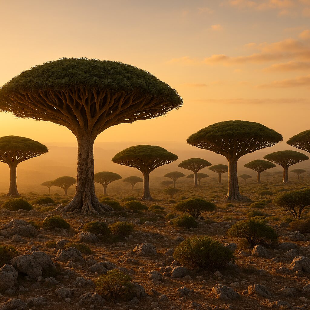 竜血樹が傘のように広がるソコトラ島の高原を黄金色の逆光で捉えた風景