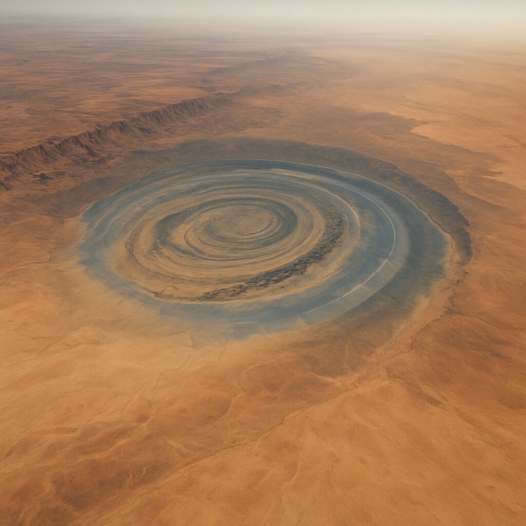モーリタニアのサハラ砂漠に刻まれた同心円状のサハラの目（リシャット構造）の斜俯瞰パノラマ