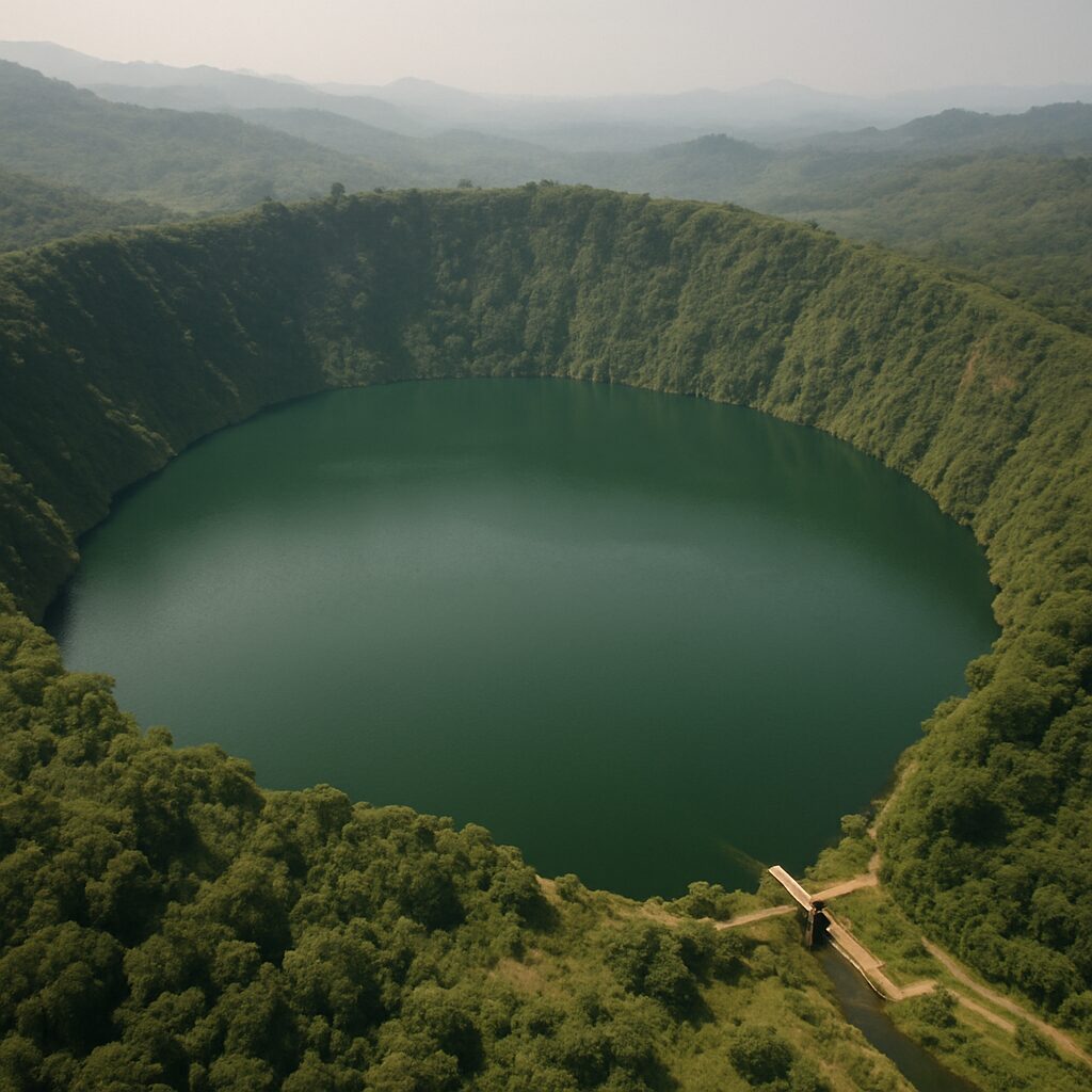 火口壁に囲まれた円形のニオス湖と外側の越流施設（ダム）を上空から捉えた写真風イメージ
