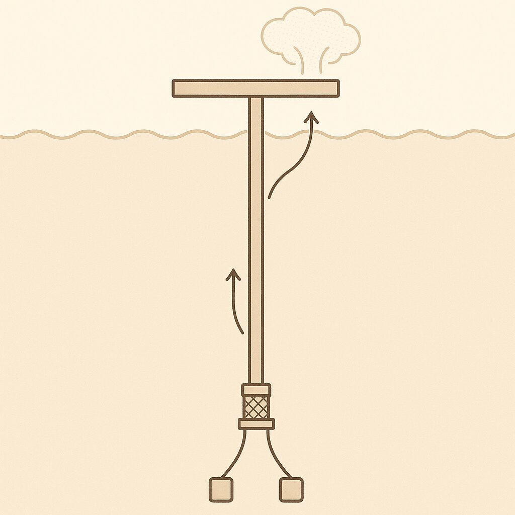 ニオス湖の脱ガス装置の模式図：深層水をパイプで汲み上げてCO₂を放出する仕組み