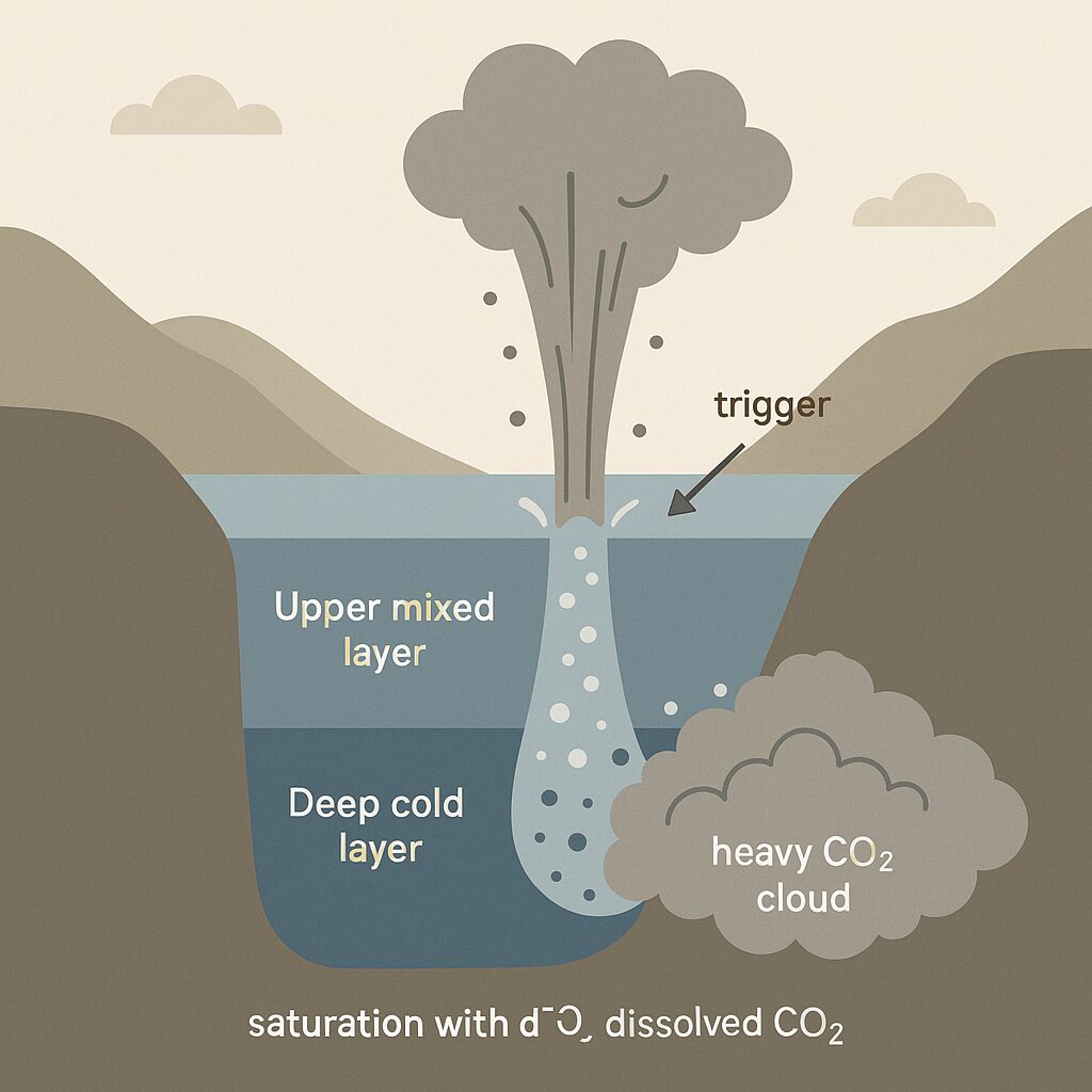 ニオス湖の断面図：底層CO₂の蓄積→泡化→谷へ流れる重いガスという湖水爆発の仕組み