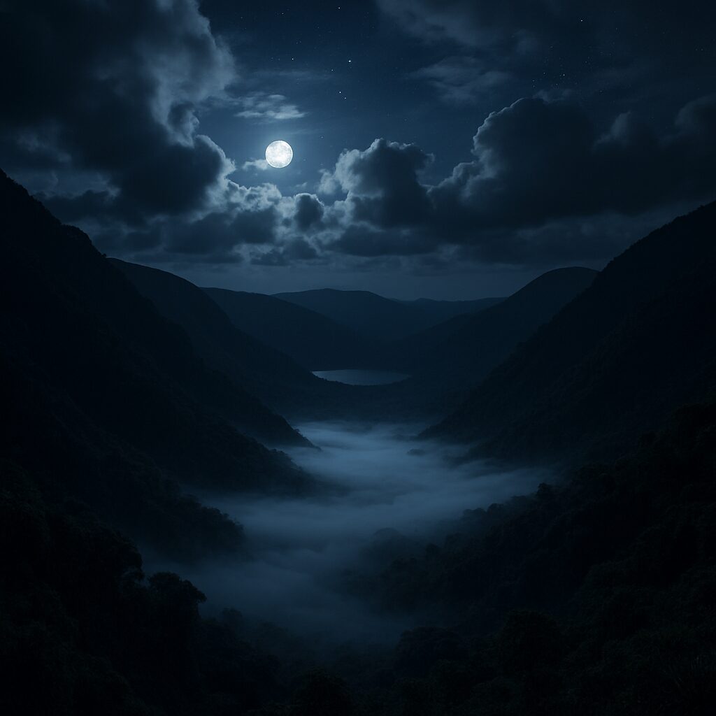 夜の高地に低くたまる無色の霧と、奥に静かに横たわるニオス湖のシルエット